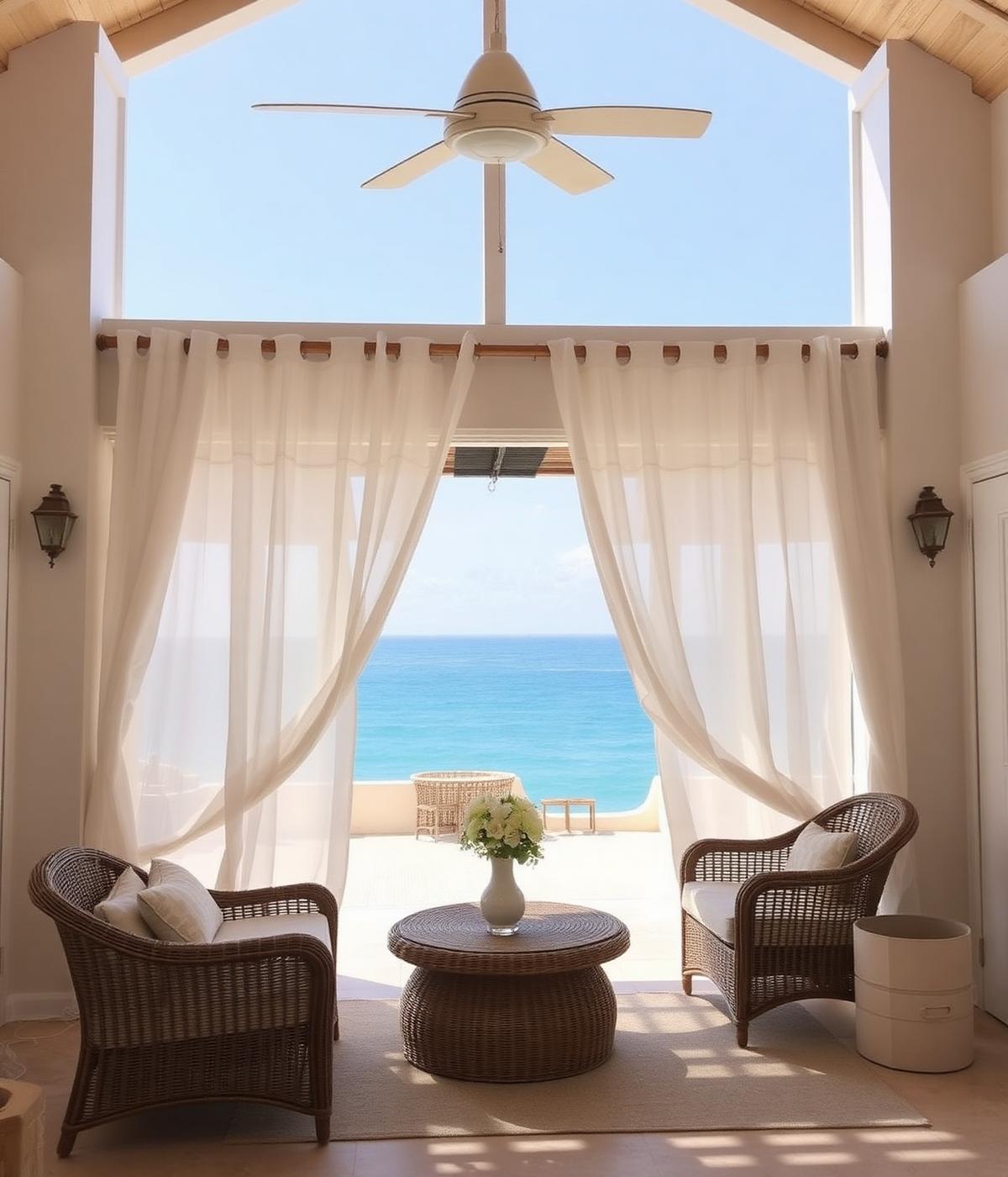 Coastal villa terrace with linen curtains and ocean view